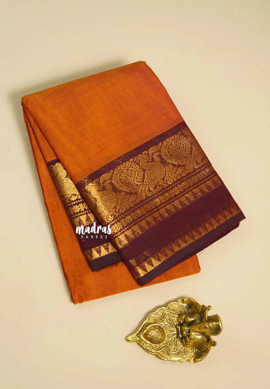 Deep Orange - Classic Kanchi cotton with Peacock Border no Blouse