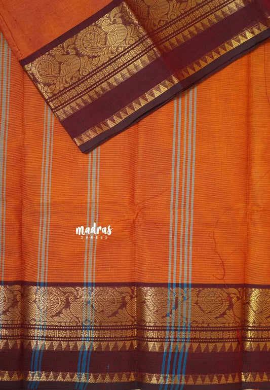 Deep Orange - Classic Kanchi cotton with Peacock Border no Blouse
