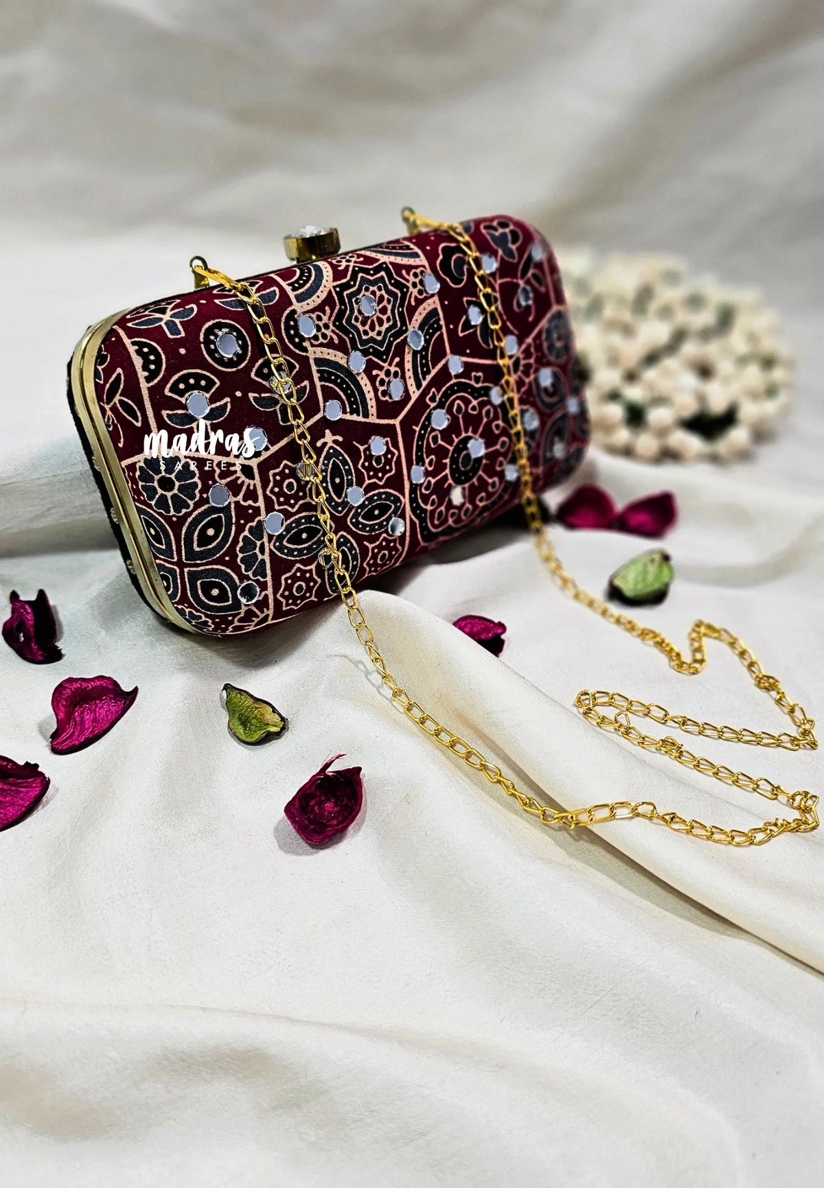 MS7 - Double Side Different Design Premium Fabric Ajrakh Design and Buttas with Mirror Work Pin-tuck with Box Clutch for Women