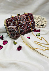 MS7 - Double Side Different Design Premium Fabric Ajrakh Design and Buttas with Mirror Work Pin-tuck with Box Clutch for Women