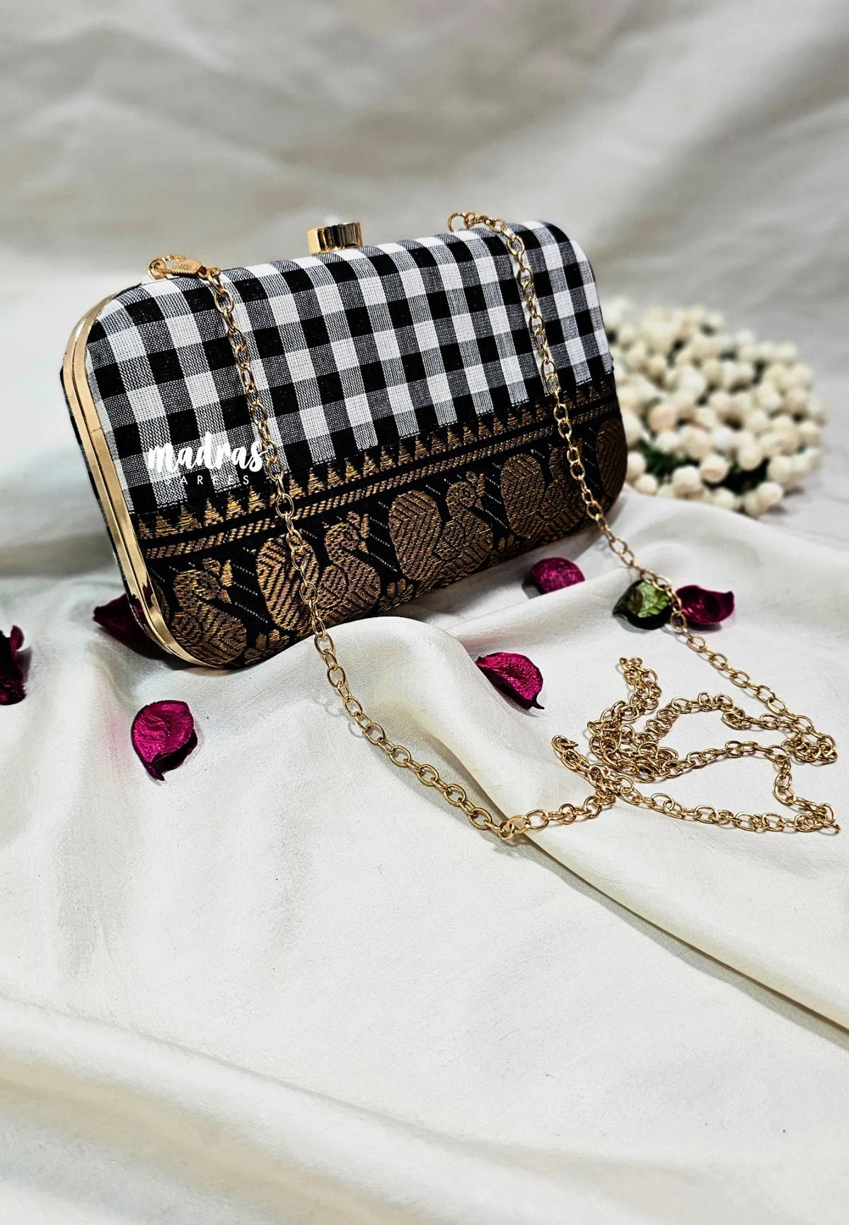 MS7 - Premium Chettinad Cotton Fabric Black and White Checks with Peacock Pin-tuck with Box Clutch for Women
