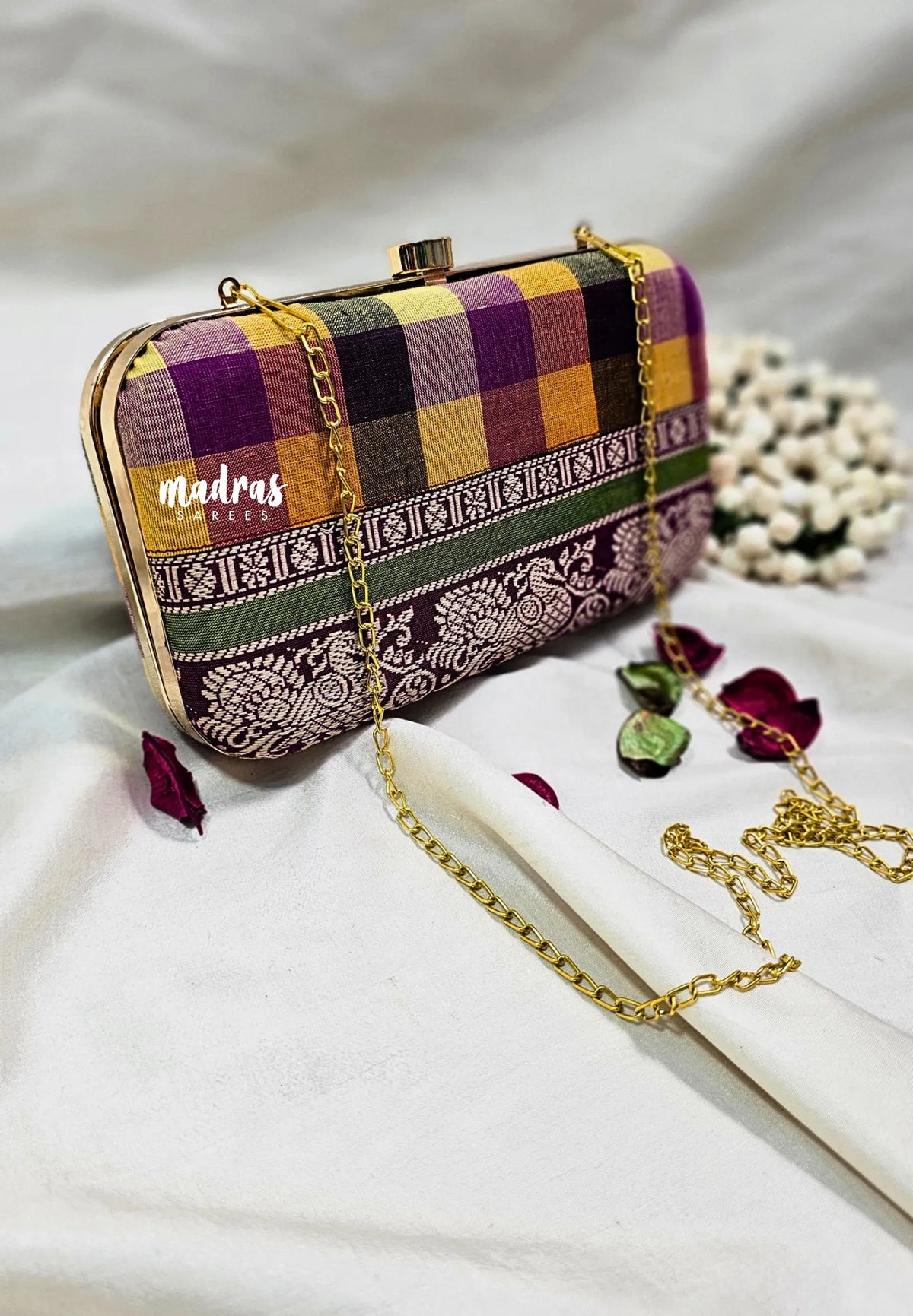MS7 - Premium Chettinad Cotton Fabric Multi Color Kandangi Checks with Peacock Border Pin-tuck with Box Clutch for Women