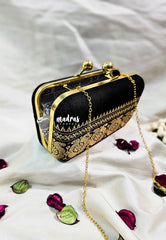 MS7 - Premium Sungudi Fabric Black with Traditional Border Pin-tuck with Box Clutch for Women