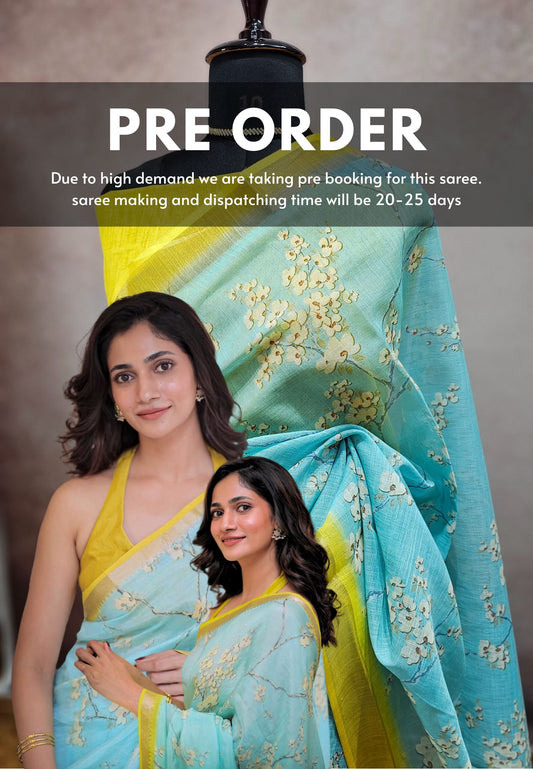 (PREBOOKING) Losliya Inspired Soft Linen Cotton Saree with Aqua Blue & Floral Prints