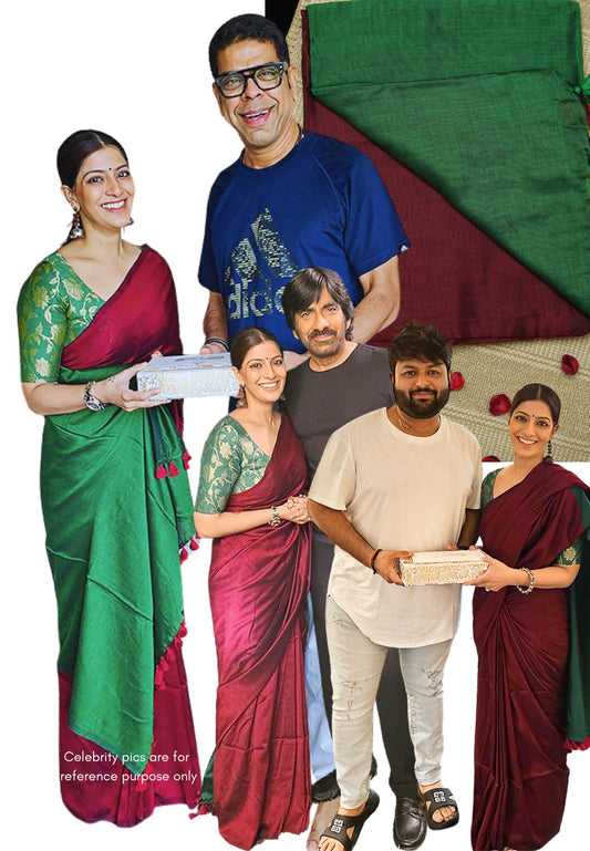 khadi contrast pallu Maroon with Green - Shruti - Madras Sarees 