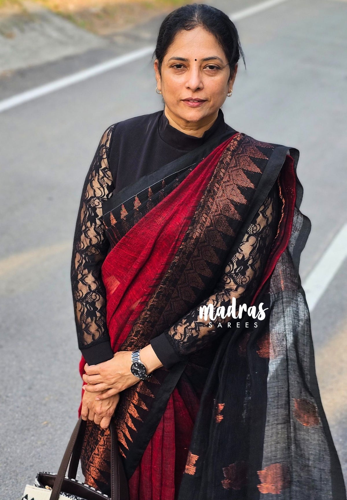 Thoolika - Organic linen hand woven Jamdani ikkat weaving - Red