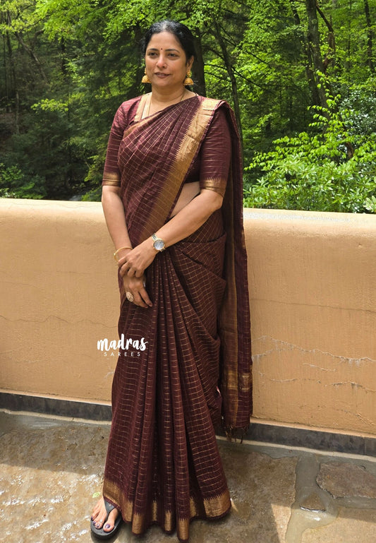 Mangalgiri semi pattu checks body with getti border  - Deep brown