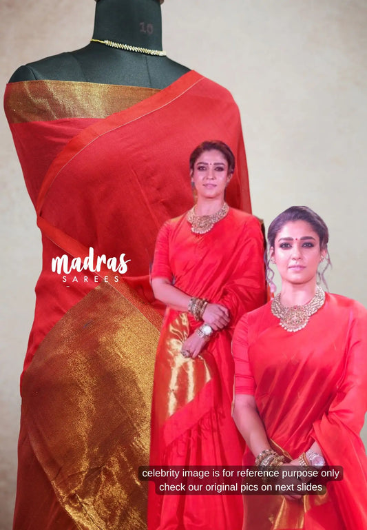 (PRE-BOOKING) Chilli Red - Nayanthara Mookuthi Amman 2 Pooja Saree Gold Tissue zari pallu