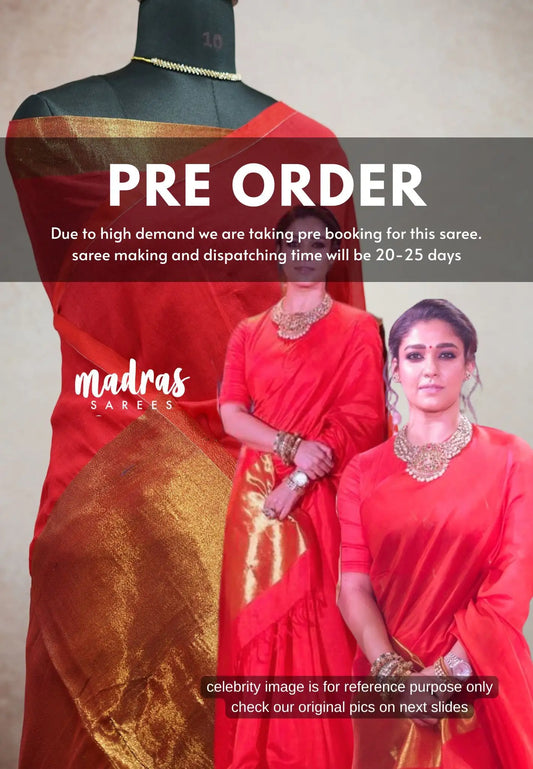 (PRE-BOOKING) Chilli Red - Nayanthara Mookuthi Amman 2 Pooja Saree Gold Tissue zari pallu