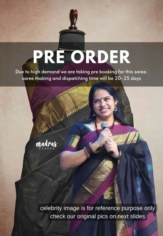 (PRE-BOOKING) Classic Kanchi cotton with bouble border with blouse Deepa venkat inspired  - Black