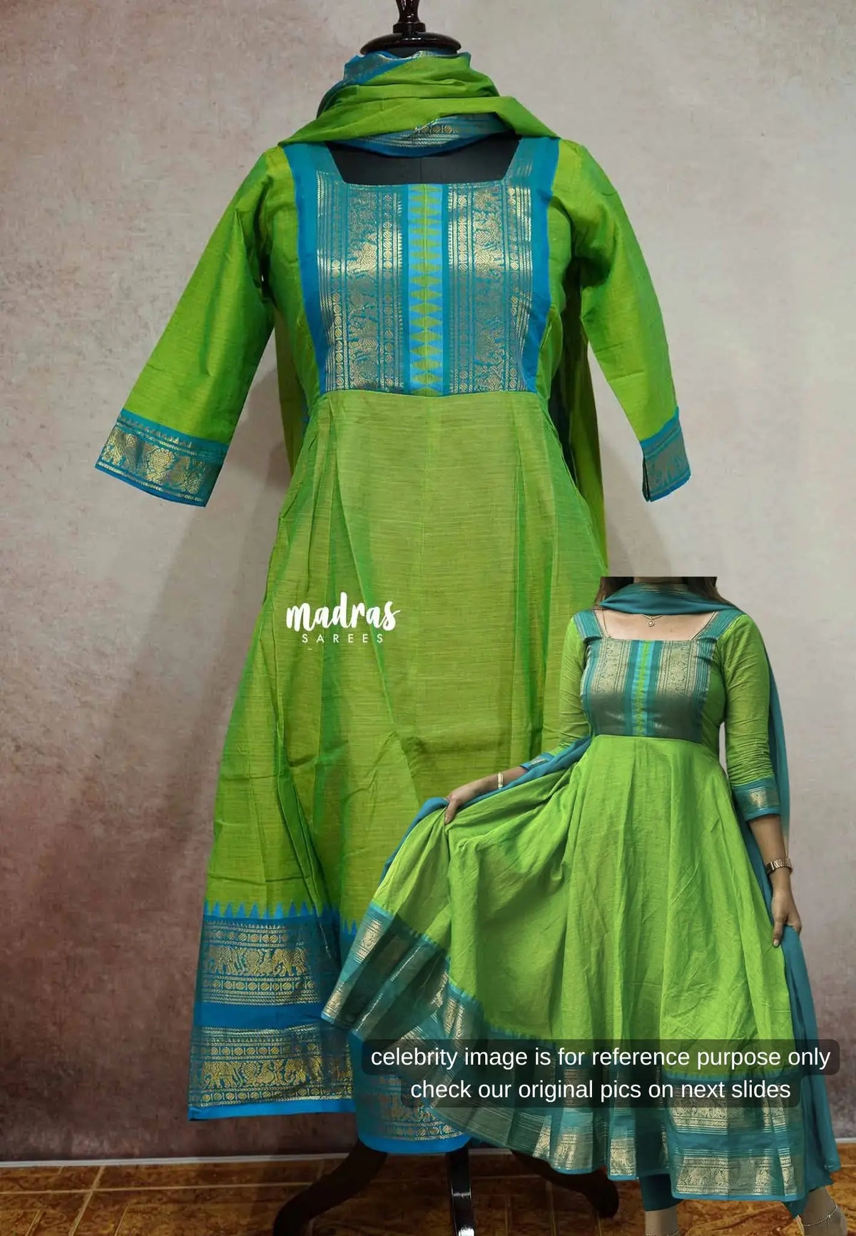 Parrot green - READYMADE (ONLY TOP AND DUPATTA) Classic kanchi cotton anarkali set