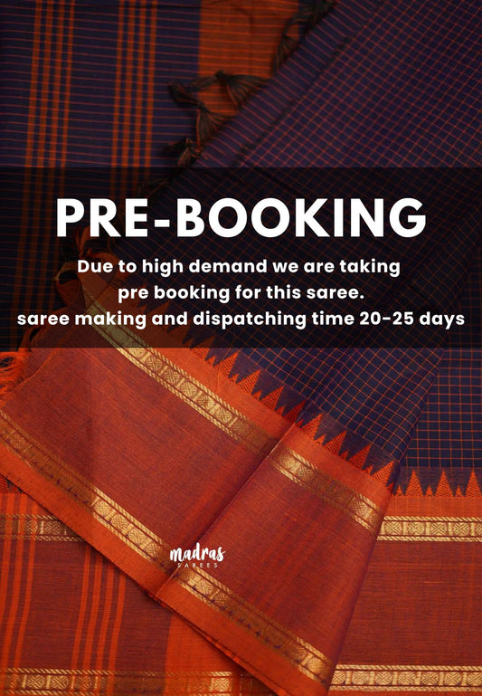 (PRE-BOOKING) Karthigai silk cotton rettapeta rudraksham border with muthu kattam checks deep blue