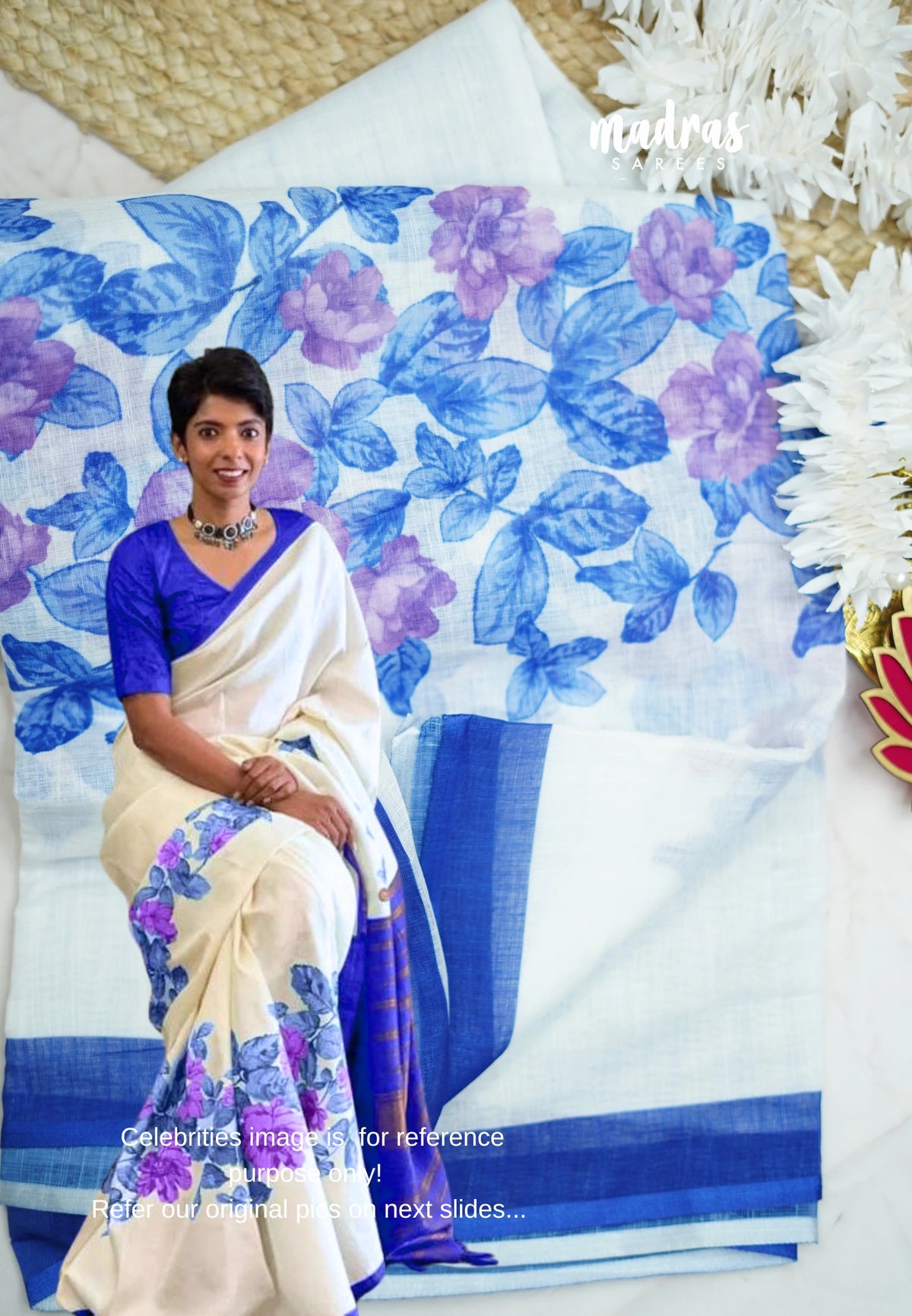 Floral printed linen cotton saree -  White with blue