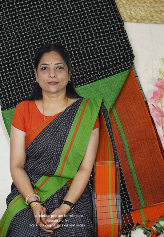 Patteda Anchu saree Black with Green and Orange Ganga Jamuna border - Madras Sarees 