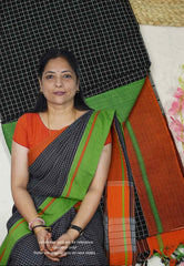 Patteda Anchu saree Black with Green and Orange Ganga Jamuna border - Madras Sarees 