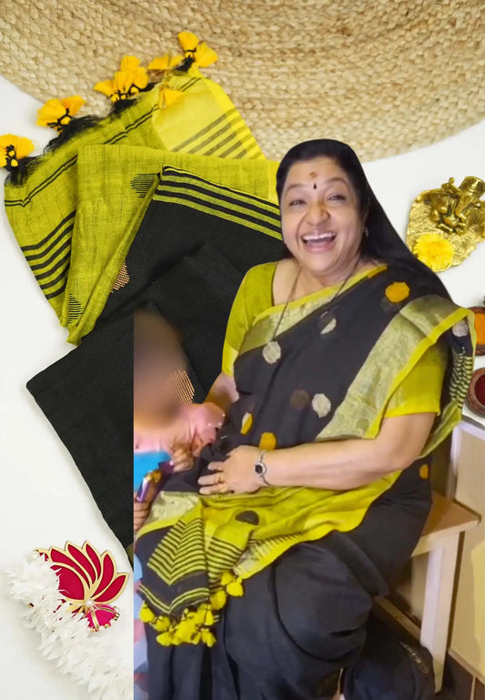 kannamma Handwoven Ballbutta linen Black with yellow pallu - singer chitra saree - Madras Sarees 