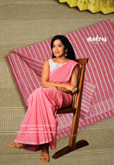 Stripes khadi linen Flamingo Pink - VJ Ramya saree