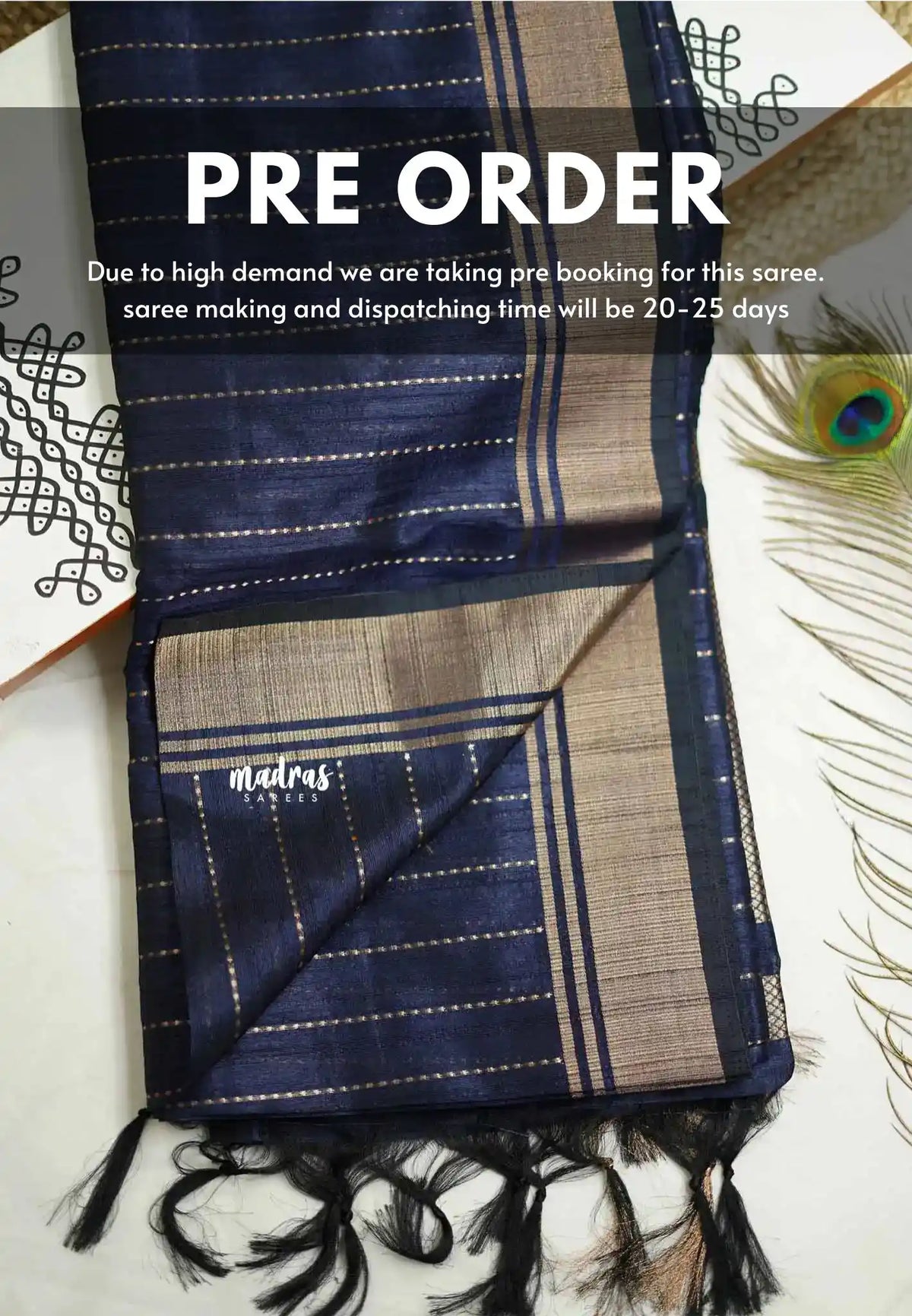 Thulasi - Semi raw silk with stripes weaving - Navy blue