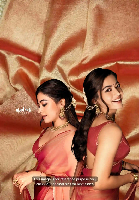 Rashmika Mandanna Banarasi Tissue silk dual shade gold and reddish pink borderless saree