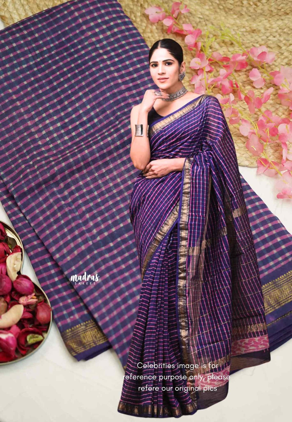 Yamuna - Handblock Maheswari silk checks body - Purple