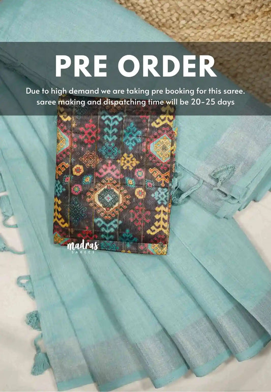 (PREBOOKING) Mia - Soft linen cotton with tissue border and printed blouse - Turquoise blue