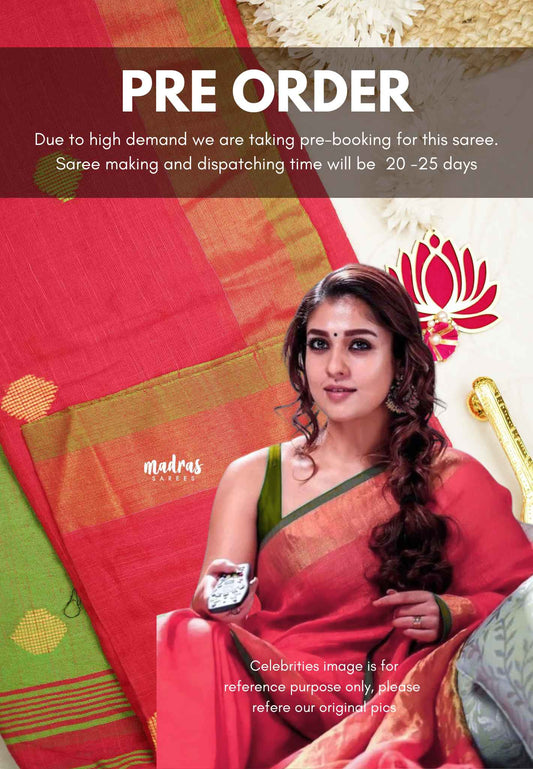 kannamma Handwoven Ballbutta linen dark pink with green pallu - Nayanthara inspired