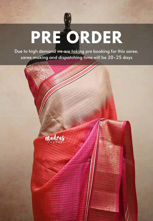 (Pre-booking) Meenakari silk with zari checks body rich weaving border - Tri shade pink and peach
