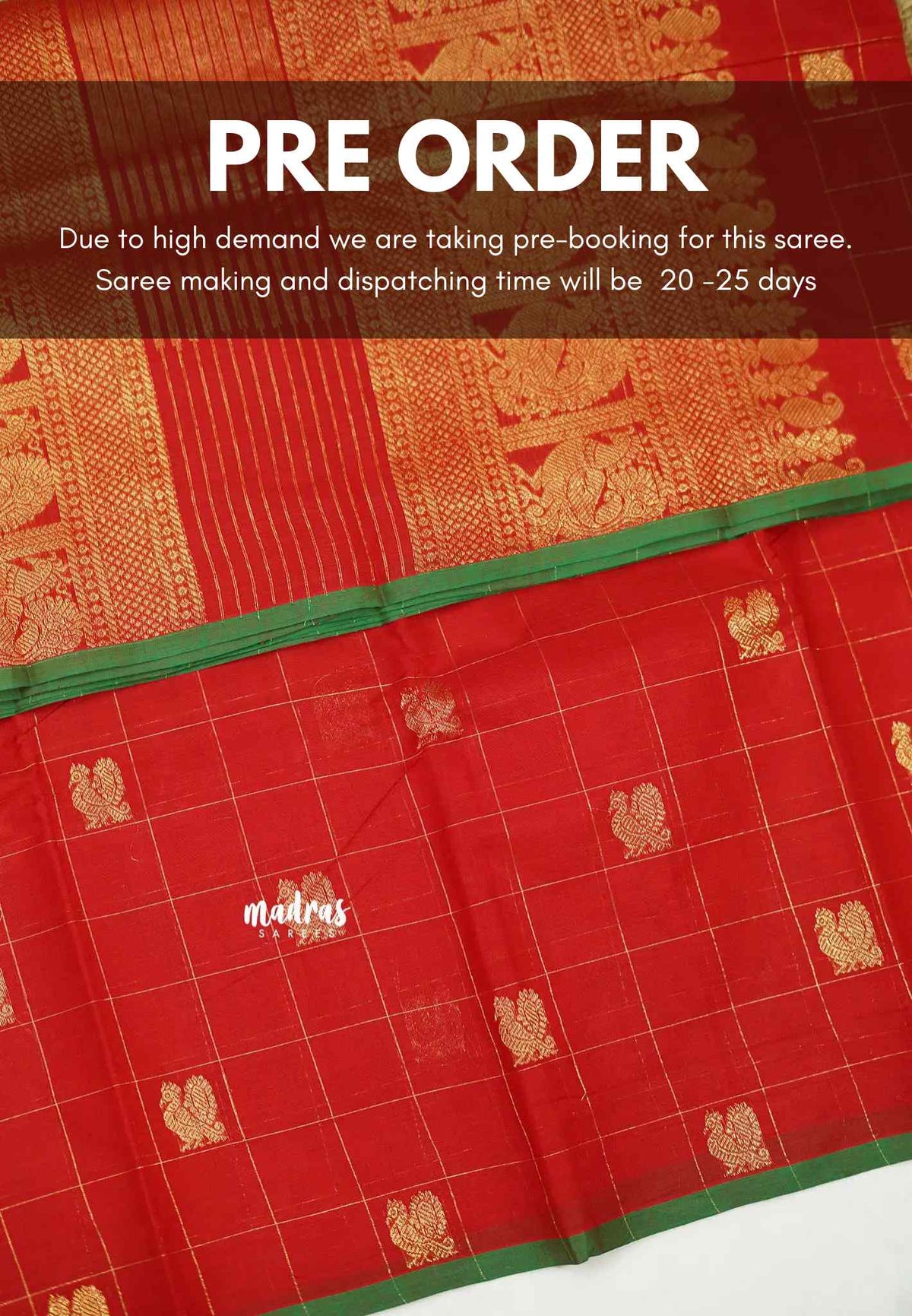 Korvai silk cotton Checks With annam Buttas Chilli Red