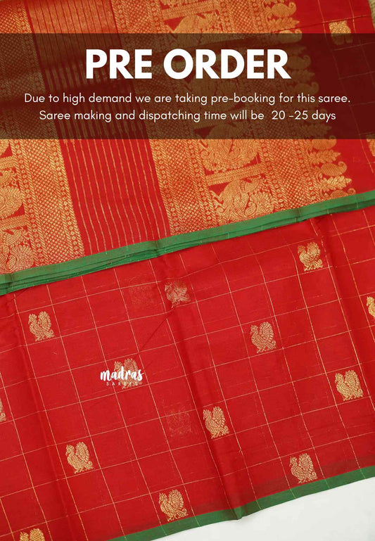 Korvai silk cotton Checks With annam Buttas Chilli Red