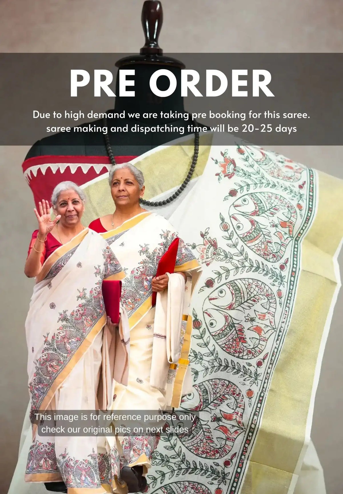 Smt Nirmala sitharaman inspired Madhupani Handpainted south cotton with raw silk blouse combo - Pearl white