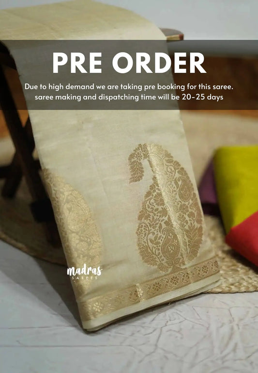 (Pre-Booking)Raaga - Lightweight Semi tussar saree wtih Mango border - Halfwhite