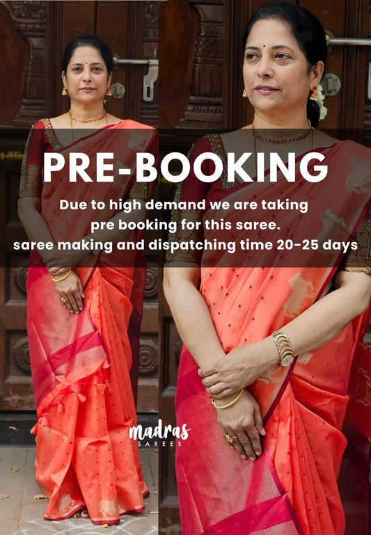 (PRE-BOOKING) Peach - Manjari - Premium raw silk with full weaving buttas pichwai cow border