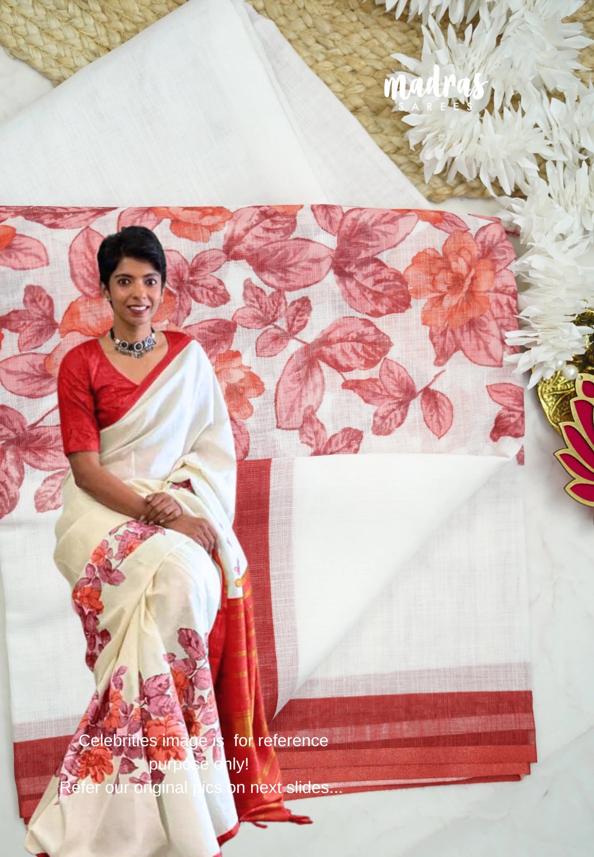 Floral printed linen cotton saree -  White with red