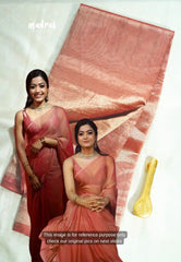 Rashmika Mandanna Banarasi Tissue silk dual shade silver and Reddish pink borderless saree