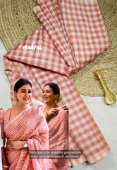 Nayanthara inspired - Premium cotton silk with small checks - Peach pink