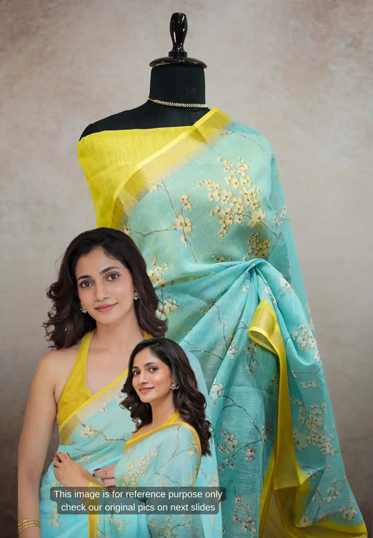 Losliya Inspired Soft Linen Cotton Saree with Aqua Blue & Floral Prints