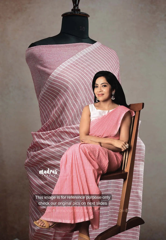 Stripes khadi linen Flamingo Pink - VJ Ramya saree