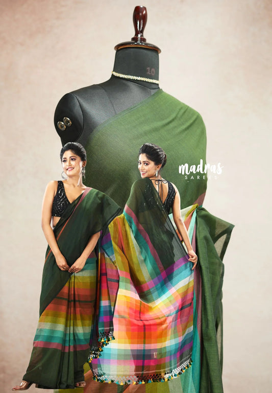 Soft Mul cotton rainbow checks saree ( NO blouse ) - Deep green