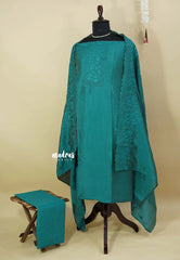 Amitha – Teal Green Crushed semi silk hakkoba yoke and scallop dupatta with bottom