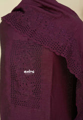 Amitha – Wine Plum Crushed semi silk hakkoba yoke and scallop dupatta with bottom