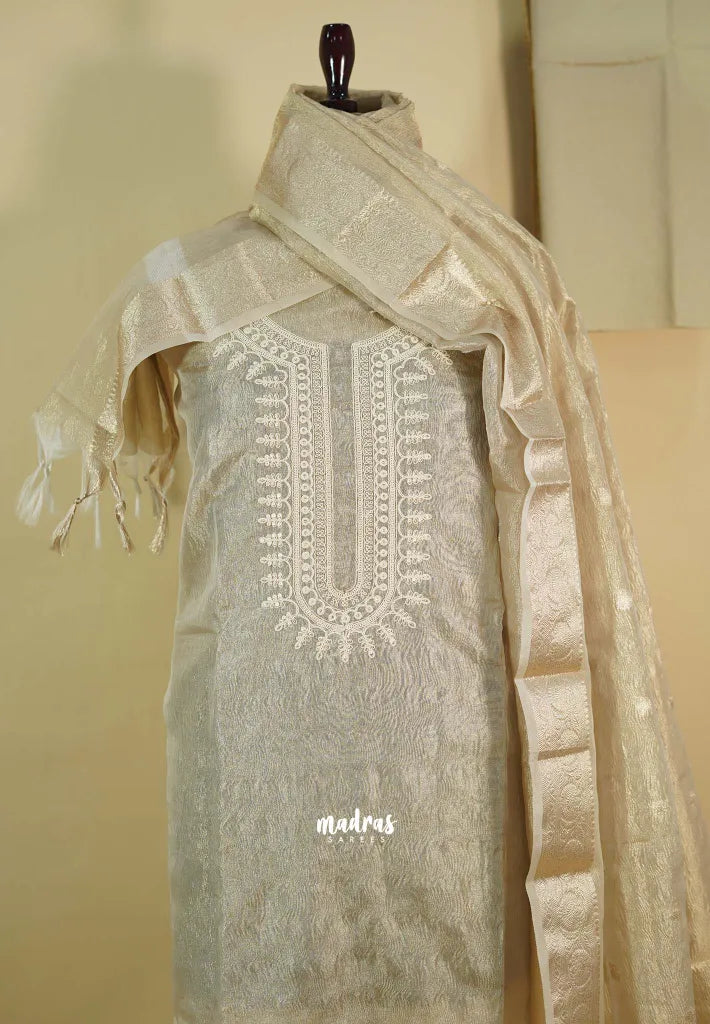 Amitha – Taupe Crushed tissue silk heavy work yoke set with sheer banarasi dupatta