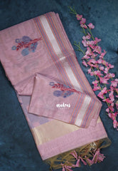Muted Mauve Pink - Muslin Silk with Thread Weaving Pallu with Floral Buttas - Perfect for Office Wear