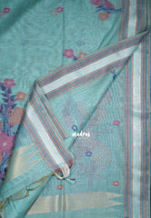 Muted Seafoam Green - Muslin Silk with Thread Weaving Pallu with Floral Buttas - Perfect for Office Wear