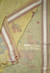 Pale Mustard - Muslin Silk with Thread Weaving Pallu with Floral Buttas - Perfect for Office Wear