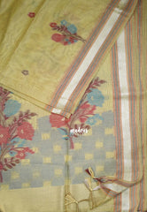 Pale Mustard - Muslin Silk with Thread Weaving Pallu with Floral Buttas - Perfect for Office Wear