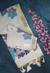 Biscut Beige & Peacock Blue - Muslin Silk Checks with Thread Weaving Pallu with Buttas - Perfect for Office Wear