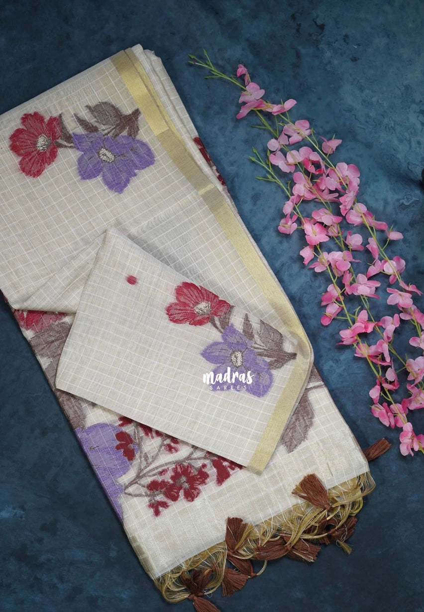 Biscut Beige & Lavender - Muslin Silk Checks with Thread Weaving Pallu with Buttas - Perfect for Office Wear