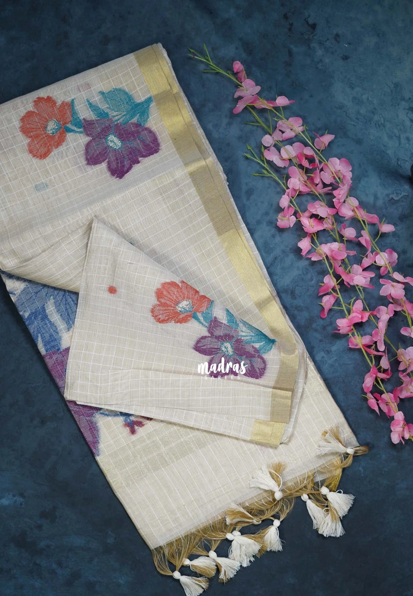 Biscut Beige & Purple - Muslin Silk Checks with Thread Weaving Pallu with Buttas - Perfect for Office Wear