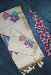 Biscut Beige & Purple - Muslin Silk Checks with Thread Weaving Pallu with Buttas - Perfect for Office Wear