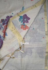 Biscut Beige & Purple - Muslin Silk Checks with Thread Weaving Pallu with Buttas - Perfect for Office Wear